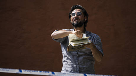 Salwan Momika protests outside a mosque in Stockholm on June 28, 2023, during the Eid al-Adha holiday.