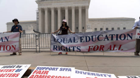 People protest against affirmative action outside of the Supreme Court in Washington DC, June 29, 2023