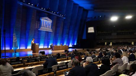 UNESCO Director General Audrey Azoulay speaks at the UNESCO headquarters in Paris, on June 12, 2023.