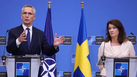 NATO Secretary General Jens Stoltenberg and Swedish FM Affairs Ann Linde give a press-conference at the NATO headquarters in Brussels.