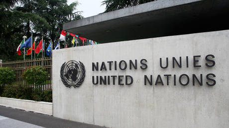 The United Nations emblem is seen in front of the United Nations Office (UNOG) on June 8, 2008 in Geneva, Switzerland