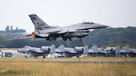 A US Air Force F-16 fighter jet takes off on the sidelines of a press event marking the conclusion of the Air Defender 2023 air force drill at Jagel Air Base in Germany, June 23, 2023.