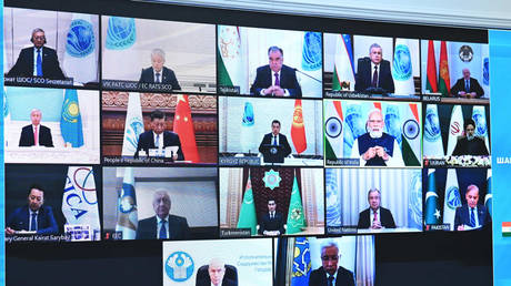 Shanghai Cooperation Organization leaders hold a videoconference on July 4, 2023.