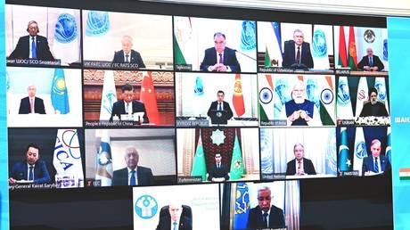 Members of Shanghai Cooperation Organisation are seen during the virtual meeting in Moscow, Russia on July 04, 2023.