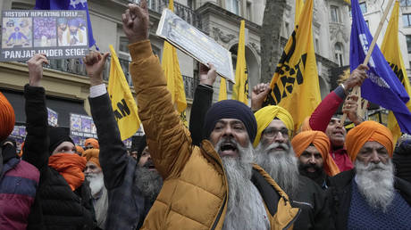 Protestors demonstrate outside of the Indian High Commission in London, Wednesday, March 22, 2023.