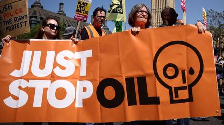 Members of the environmentalist group "Just Stop Oil" demonstrate in central London, on May 27, 2023