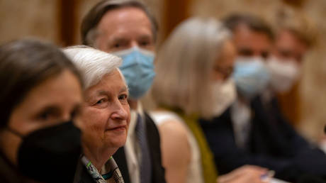 US Treasury Secretary Janet Yellen (center) attends a meeting with Chinese Vice Premier He Lifeng on Saturday in Beijing.