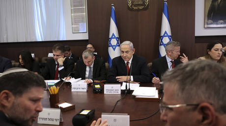 Israel's Prime Minister Benjamin Netanyahu attends the weekly cabinet meeting in Jerusalem, Israel, Sunday, July 9, 2023