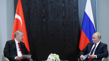 FILE PHOTO: Turkish President Recep Tayyip Erdogan (L) meets with Russian President Vladimir Putin (R) in Samarkand, Uzbekistan