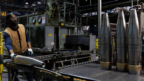 A worker inspects 155mm shells earlier this year at the Scranton Army Ammunition Plant in Pennsylvania, which has ramped up output amid the Russia-Ukraine crisis.