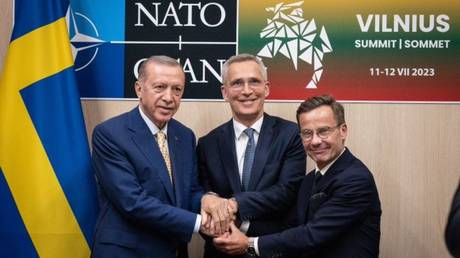 Turkish President Recep Tayyip Erdogan (from left), NATO Secretary-General Jens Stoltenberg and Swedish Prime Minister Ulf Kristersson pose for a photo after their meeting on Monday in Vilnius.