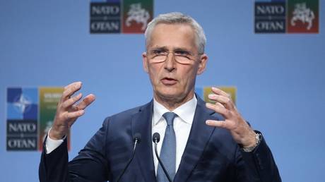 NATO Secretary General Jens Stoltenberg addresses a press conference on Sweden's application to join NATO at the start of a NATO Summit in Vilnius on July 10, 2023.