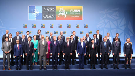A family photograph on the first day of the 2023 NATO Summit on July 11, 2023 in Vilnius, Lithuania.