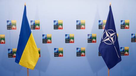 Flags of the Ukraine (L) and the NATO on the sidelines of the NATO Summit in Vilnius.
