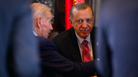 President Joe Biden of the United States of America (L) and President Recep Tayyip Erdogan talk during the G20 Summit on November 15, 2022 in Nusa Dua, Indonesia