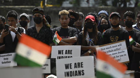 Activists of the All Tribal Students Union Manipur (ATSUM)  stage a protest amid ongoing violence in Manipur in New Delhi on May 31, 2023. Arun SANKAR / AFP