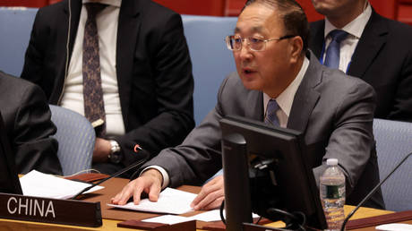 Ambassador Zhang Jun, Permanent Representative of China, speaks at a Security Council meeting on May 15, 2023 in New York City.