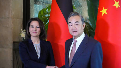 German Foreign Minister Annalena Baerbock meeting top Chinese diplomat Wang Yi during her visit to Beijing on 15 April 2023.