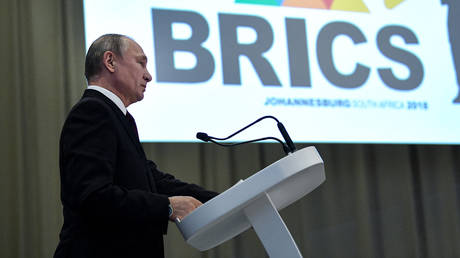 FILE PHOTO: Russian President Vladimir Putin holds a press-conference at the 10th BRICS summit in South Africa in 2018.