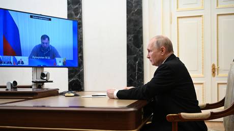 Russian President Vladimir Putin holds a videoconference meeting on the situation near the Crimean Bridge.