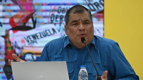 Former Ecuadorian President Rafael Correa speaks at a press conference on March 9, 2023, Caracas, Venezuela