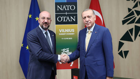 Turkish President Recep Tayyip Erdogan (R) meets European Council President Charles Michel at the NATO Vilnius Summit in Vilnius, Lithuania on July 10, 2023.