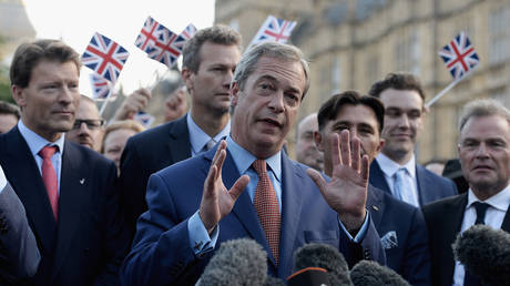 Nigel Farage, leader of UKIP and Vote Leave campaigner, arrives to speak to the assembled media at College Green, Westminster following the results of the United Kingdom's EU referendum on June 24, 2016 in London, United Kingdom