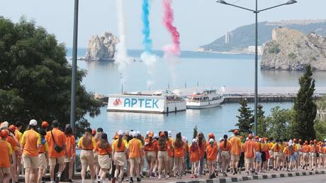 Children celebrate the 98th anniversary of the Artek international children's center in the town of Gurzuf, Crimea, Russia, June 16, 2023