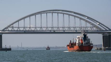 FILE PHOTO: Cargo ships sail under the Crimean Bridge across the Kerch Strait in Crimea, Russia