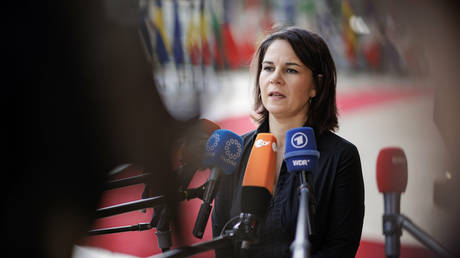 German Foreign Minsiter Annalena Baerbock talks to journalists in Brussels, Belgium, on July 20, 2023.