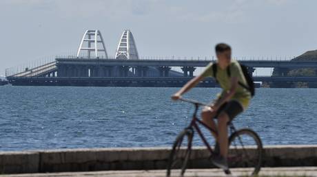 A boy rides a bicycle, with the Crimean Bridge seen in the background in Kerch, Republic of Crimea, Russia