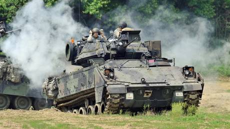 A US Bradley armored vehicle participates in a military drill.