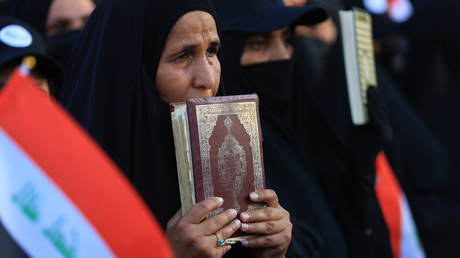 FILE PHOTO: People in Baghdad protest against the burning of the Quran in Denmark