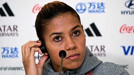 Ghizlane Chebbak listens at a Women's World Cup press conference in Melbourne, Australia, July 24, 2023