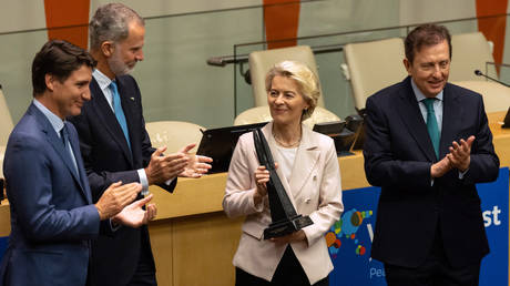 European Commission President Ursula von der Leyen receives the World Peace & Liberty Award at UN headquarters in New York, on July 21, 2023
