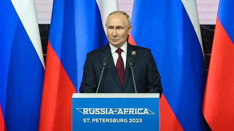 Russian President Vladimir Putin gives a speech at the Russia-Africa summit in Saint Petersburg.