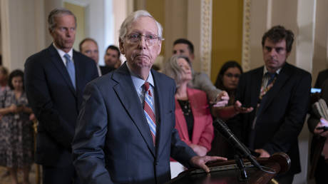 Senate Minority Leader Mitch McConnell speaks to reporters at the Capitol in Washington, DC, on July 26, 2023.