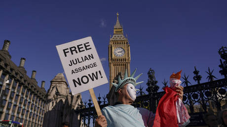 A demonstrator holds a placard in support of Julian Assange in London, Britain, October 8, 2022