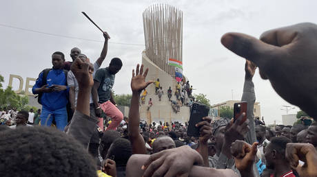 Supporters of the Nigerien defence and security forces gather during a demonstration outside the national assembly in Niamey on July 27, 2023