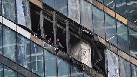The damaged facade of an office building in the Moscow City, August 1, 2023