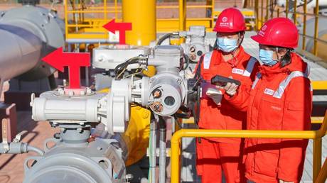 Technicians inspect China-Russia East-Route Natural Gas Pipeline in Qinhuangdao, Heibei Province of China.