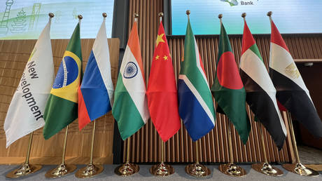 FILE PHOTO: Flags displayed at the opening ceremony of the New Development Bank, a BRICS-backed international financial institution