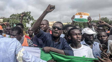 Protesters demonstrate on independence day in Niamey on August 3, 2023