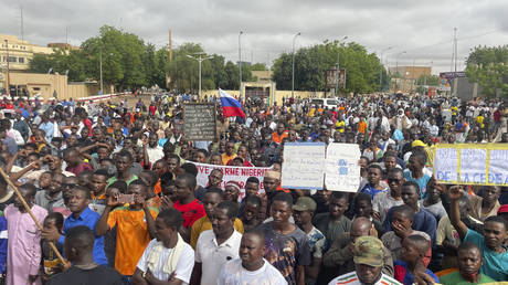 Supporters of Niger's ruling junta, gather for a protest called to fight for the country's freedom and push back against foreign interference, in Niamey, Niger, August 3, 2023