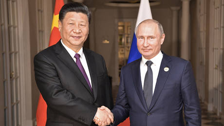 Russian President Vladimir Putin (R) meets with his Chinese counterpart Xi Jinping on the sidelines of the 10th BRICS summit on July 26, 2018 in Johannesburg, South Africa