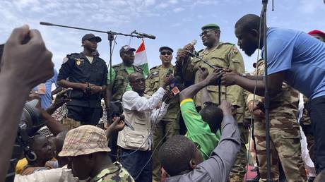 Mohamed Toumba, one of the soldiers who ousted Nigerian President Mohamed Bazoum, addresses supporters of Niger's ruling junta in Niamey, Niger, August 6, 2023