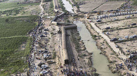 An arial view of the site of a passenger train derailed near Nawabshah, Pakistan, Sunday, August 6, 2023