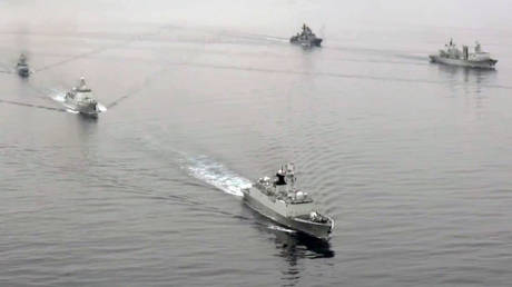 Russian and Chinese Navy ships sail during Russia-China joint naval exercises in the Sea of Japan, China.