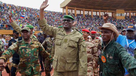 Mohamed Toumba, one of the leading figures of the National Council for the Protection of the Fatherland, attends the demonstration of coup supporters and greets them at a stadium in the capital city of Niger, Niamey on August 6, 2023.