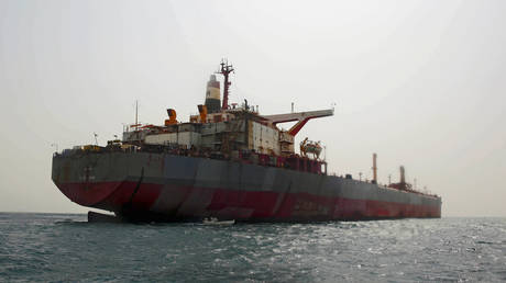 A view of the beleaguered FSO Safer oil tanker in the Red Sea, off the coast of Yemen's rebel-held Rass Issa port in the western Hodeidah province, during operations to remove more than a million barrels of oil from the tanker vessel.